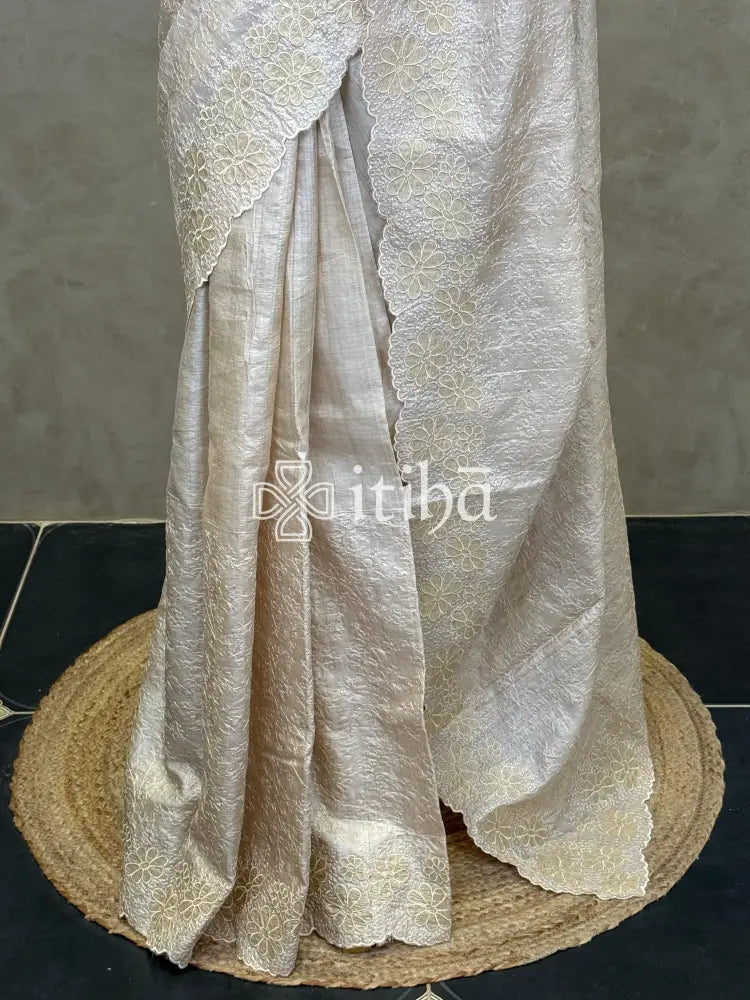 TUSSAR SILK APPLIQUE EMBROIDERY SAREE