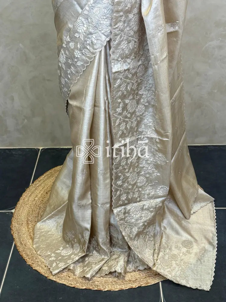 TUSSAR SILK APPLIQUE EMBROIDERY SAREE