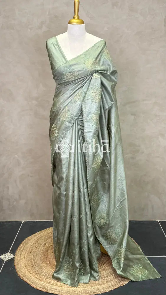 TUSSAR SILK APPLIQUE EMBROIDERY SAREE - MUTED OLIVE GREEN