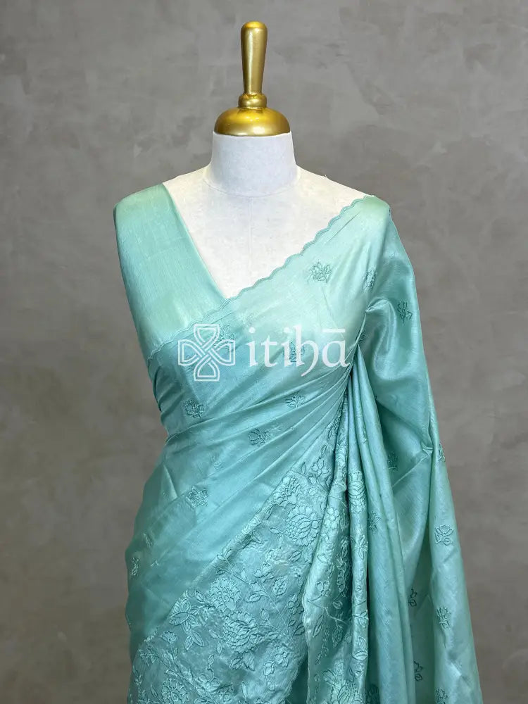 TUSSAR SILK APPLIQUE EMBROIDERY SAREE - SAGE GREEN