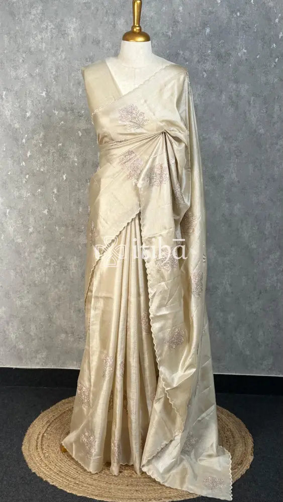 TUSSAR SILK EMBROIDERY SAREE - CREAM IVORY