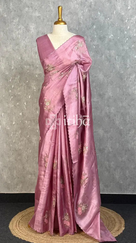 TUSSAR SILK EMBROIDERY SAREE - dusty mauve