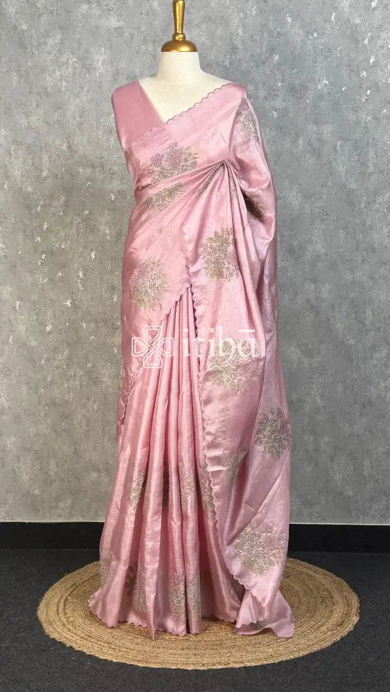 TUSSAR SILK EMBROIDERY SAREE - DUSTY ROSE PINK