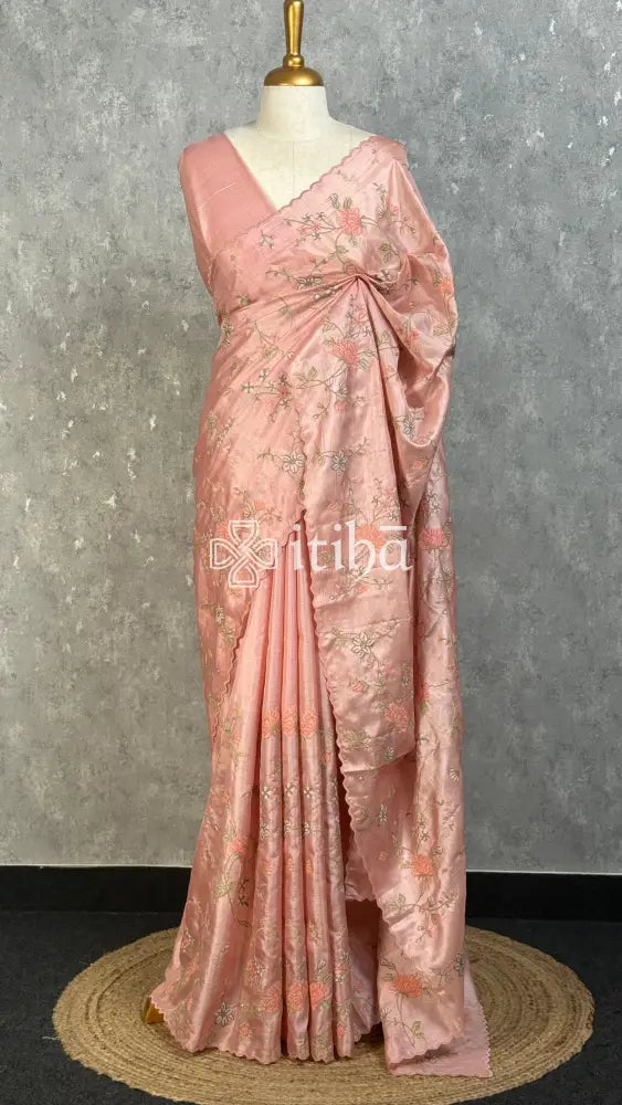 TUSSAR SILK EMBROIDERY SAREE - PEACH PINK