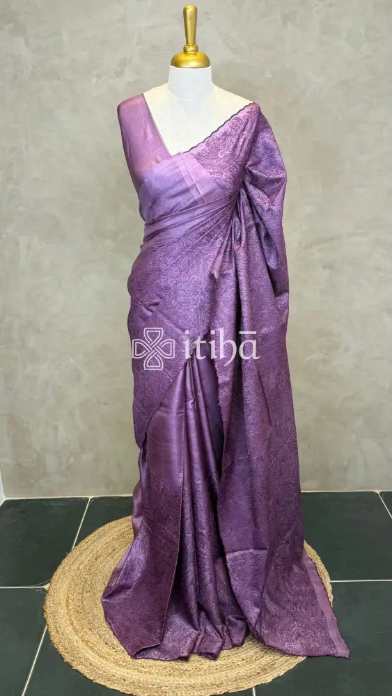 TUSSAR SILK EMBROIDERY SAREE - Purple