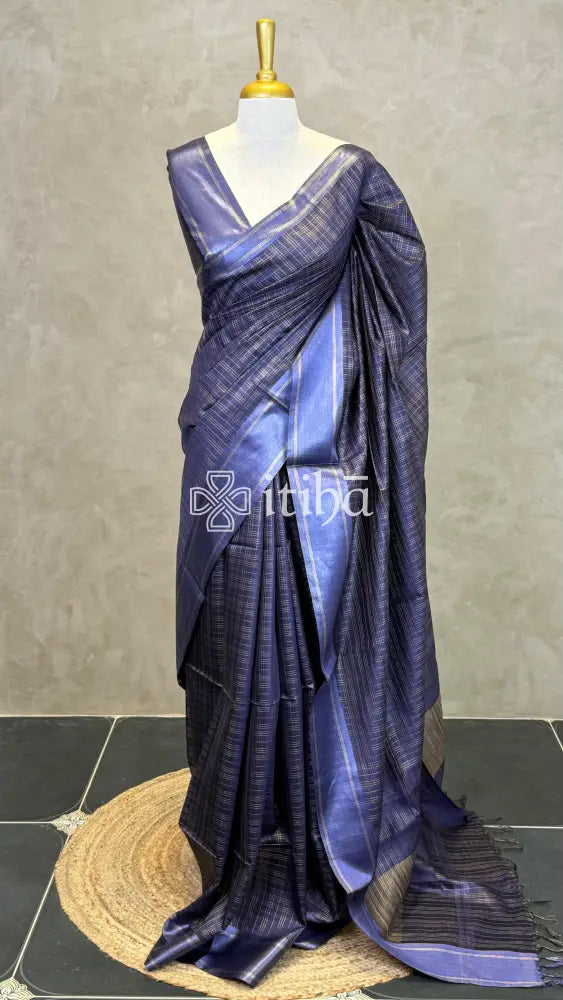 TUSSAR SILK SAREE - DARK BLUE