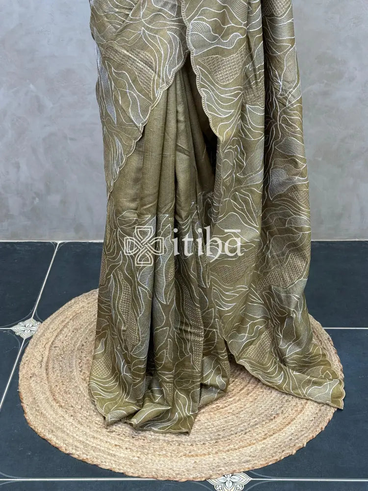 TUSSAR SILK TURKISH APPLIQUE EMBROIDERY SAREE - DUSTY OLIVE GREEN