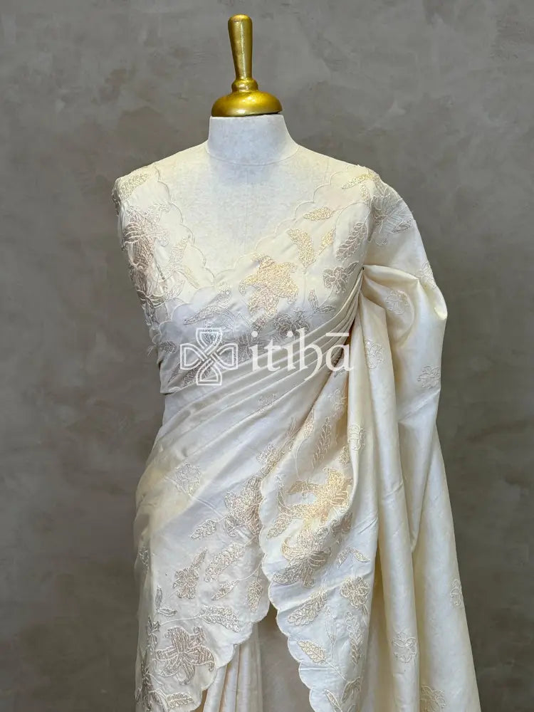 TUSSAR SILK TURKISH APPLIQUE EMBROIDERY SAREE - OFF WHITE