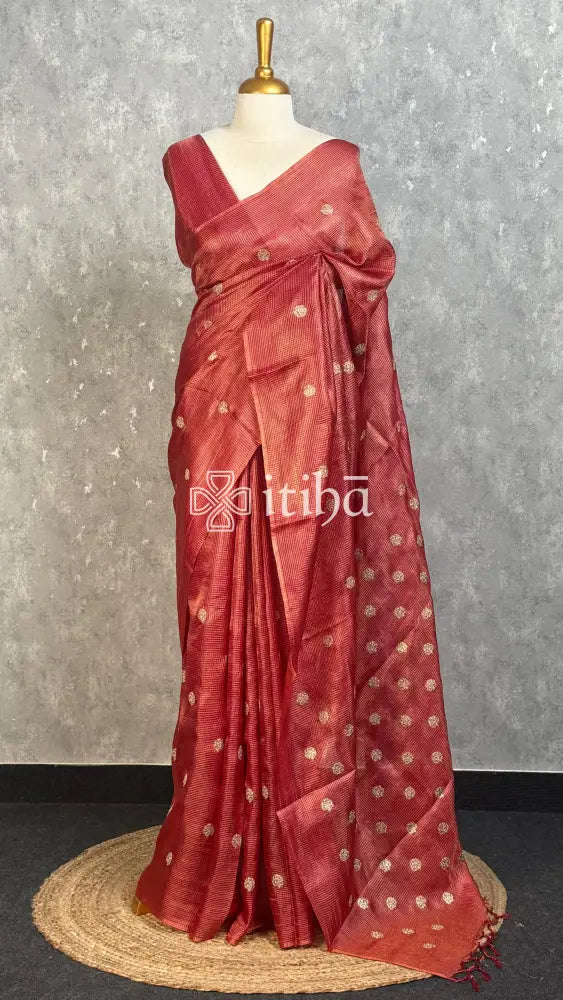 TUSSAR SILK ZARI CHECK EMBROIDERY SAREE - BRICK RED
