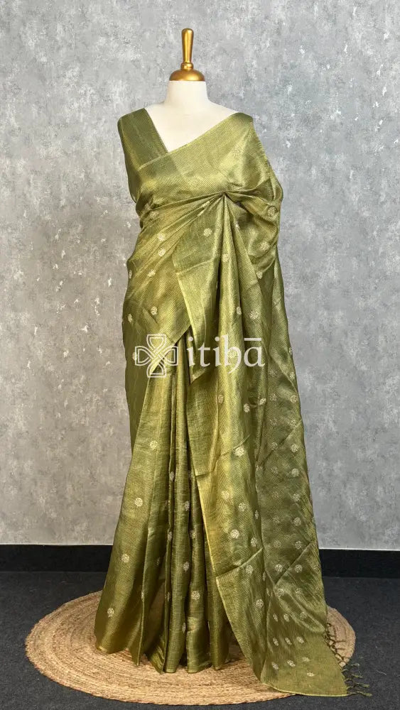 TUSSAR SILK ZARI CHECK EMBROIDERY SAREE - olive green