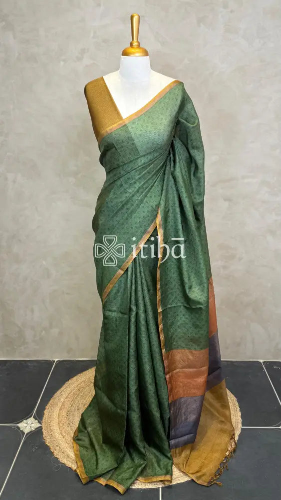 TUSSAR SILK ZARI CHECKS PRINTED SAREE - DUSTY OLIVE GREEN