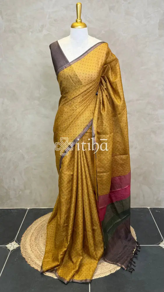 TUSSAR SILK ZARI CHECKS PRINTED SAREE - mustard yellow