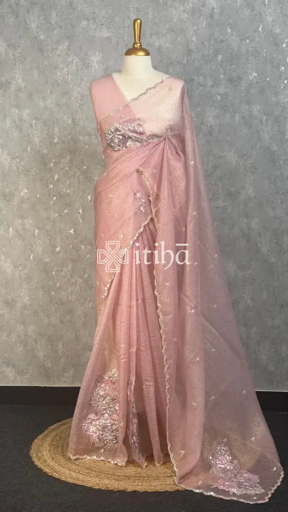 VISCOSE ORGANZA APPLIQUE EMBROIDERY SAREE - BLUSH PINK