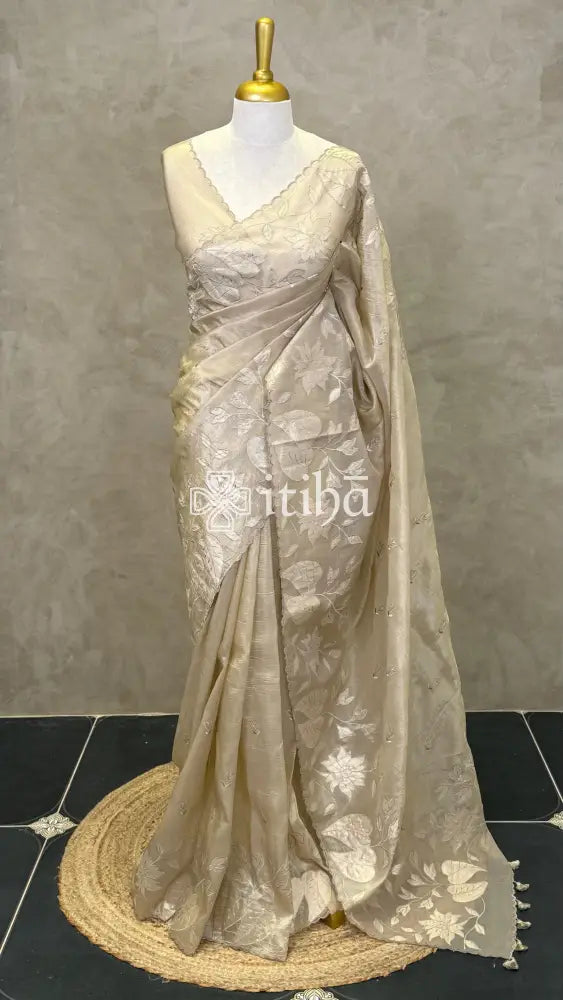 VISCOSE ORGANZA APPLIQUE EMBROIDERY SAREE - CHAMPAGNE BEIGE