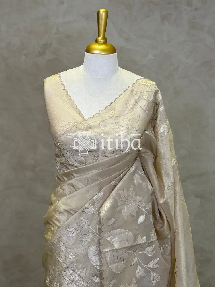 VISCOSE ORGANZA APPLIQUE EMBROIDERY SAREE - CHAMPAGNE BEIGE