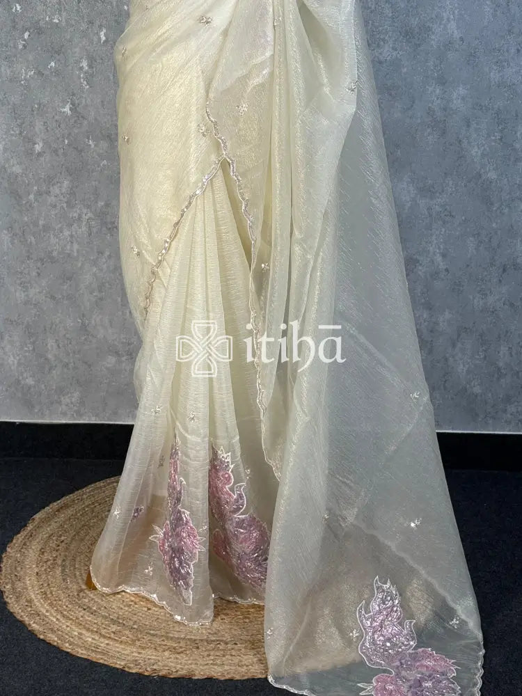 VISCOSE ORGANZA APPLIQUE EMBROIDERY SAREE - CREAM