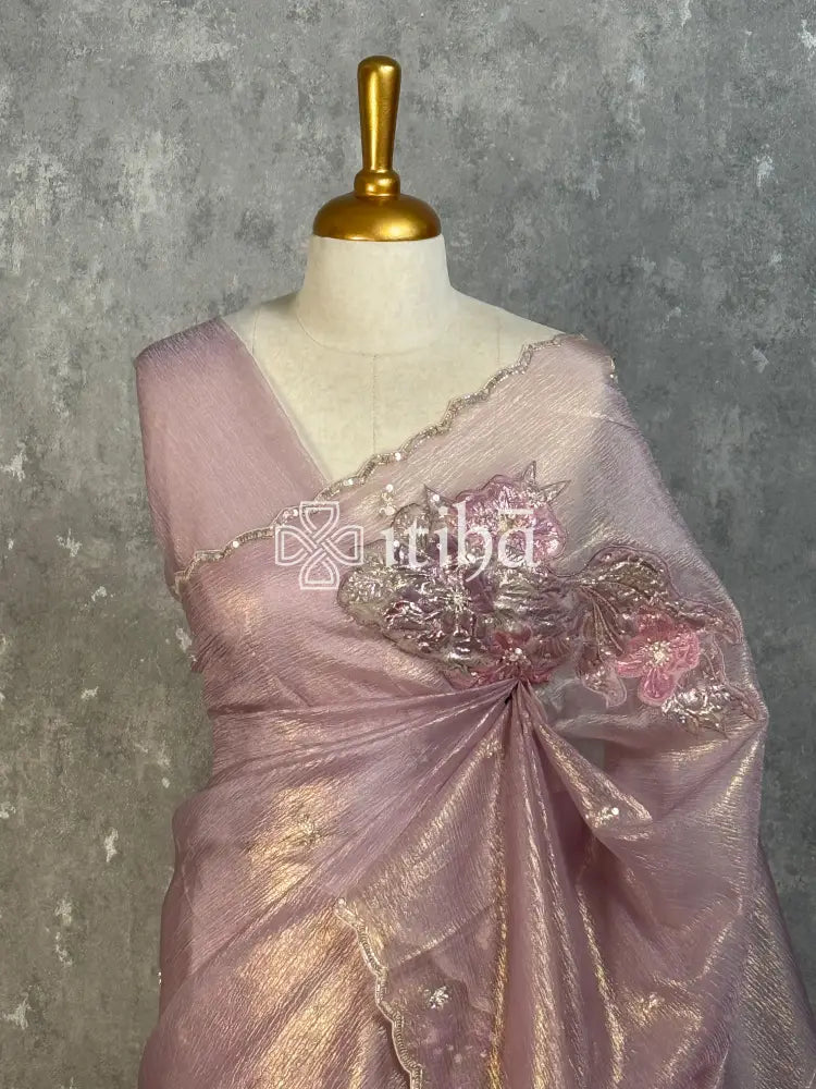 VISCOSE ORGANZA APPLIQUE EMBROIDERY SAREE - MAUVE PINK