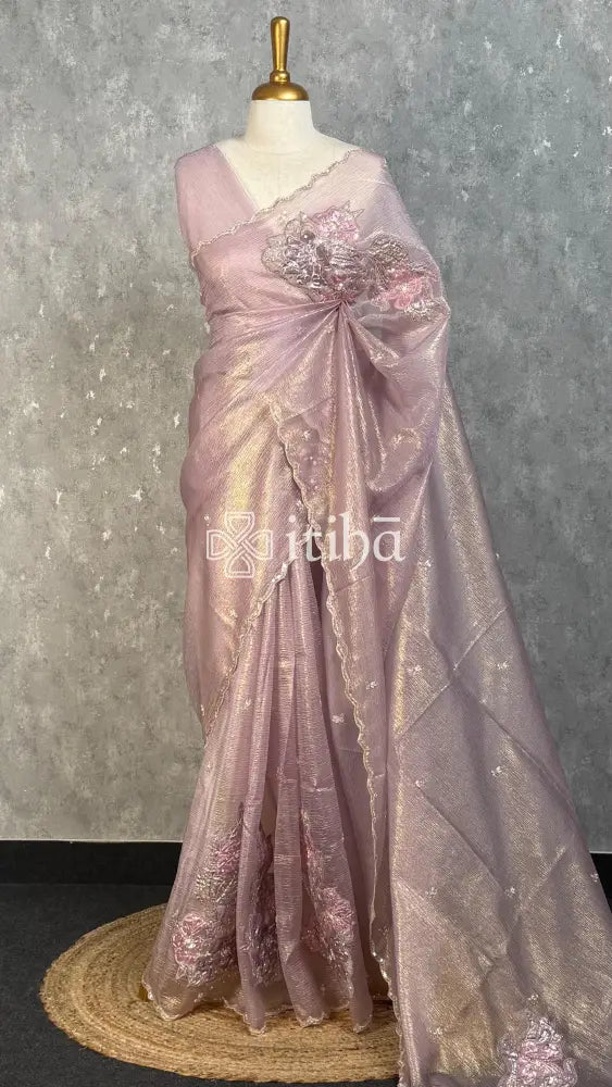 VISCOSE ORGANZA APPLIQUE EMBROIDERY SAREE - MAUVE PINK
