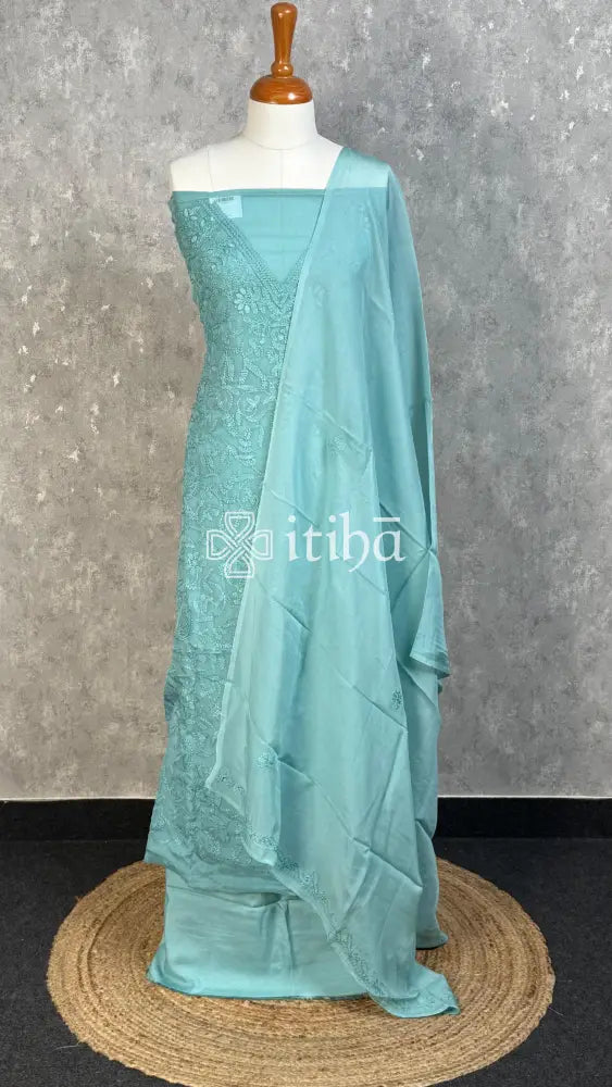 VISCOSE ORGANZA CHIKANKARI SALWAR SUIT - AQUA BLUE