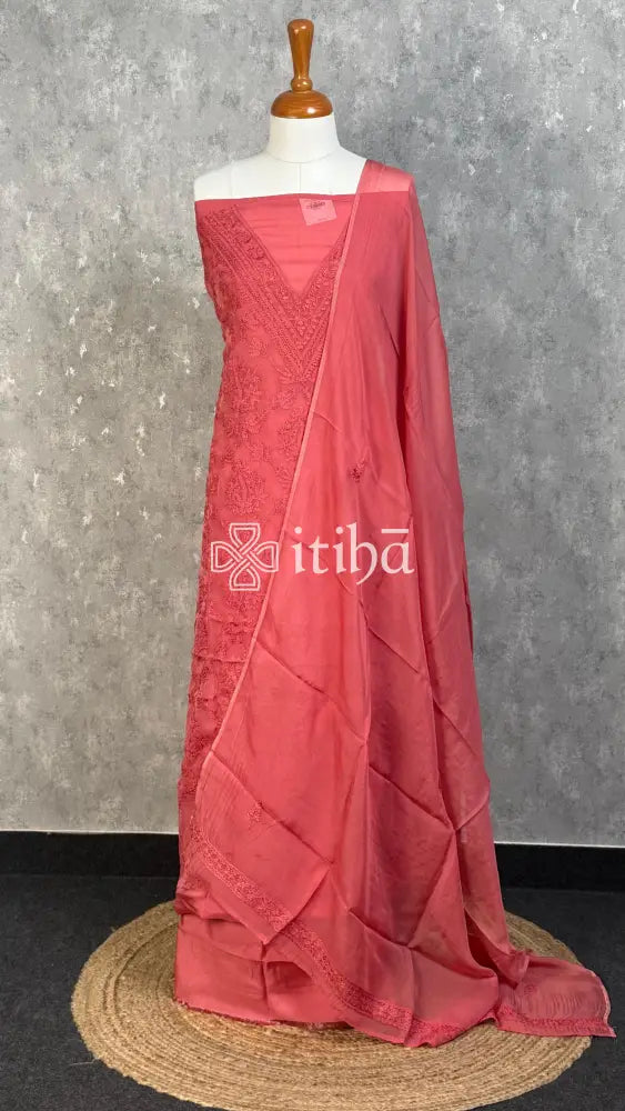 VISCOSE ORGANZA CHIKANKARI SALWAR SUIT - CORAL PINK