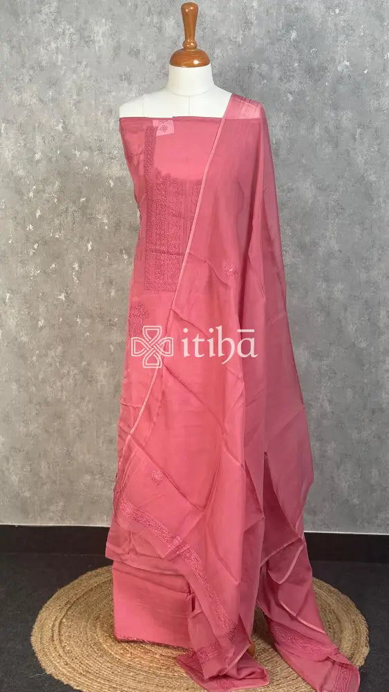 VISCOSE ORGANZA CHIKANKARI SALWAR SUIT - DUSTY ROSE PINK