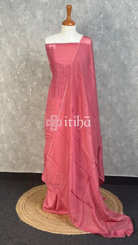 VISCOSE ORGANZA CHIKANKARI SALWAR SUIT - DUSTY ROSE PINK