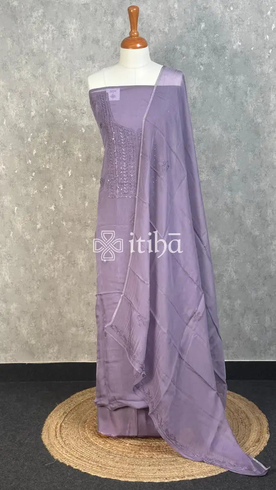 VISCOSE ORGANZA CHIKANKARI SALWAR SUIT - LAVENDER GREY