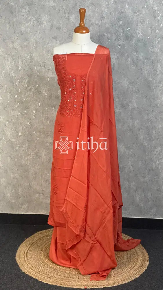 VISCOSE ORGANZA CHIKANKARI SALWAR SUIT - RUST ORANGE