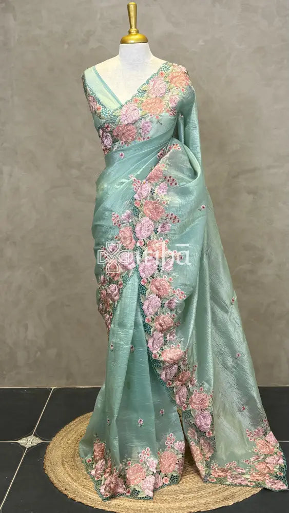 VISCOSE ORGANZA CUTWORK EMBROIDERY SAREE - SAGE GREEN
