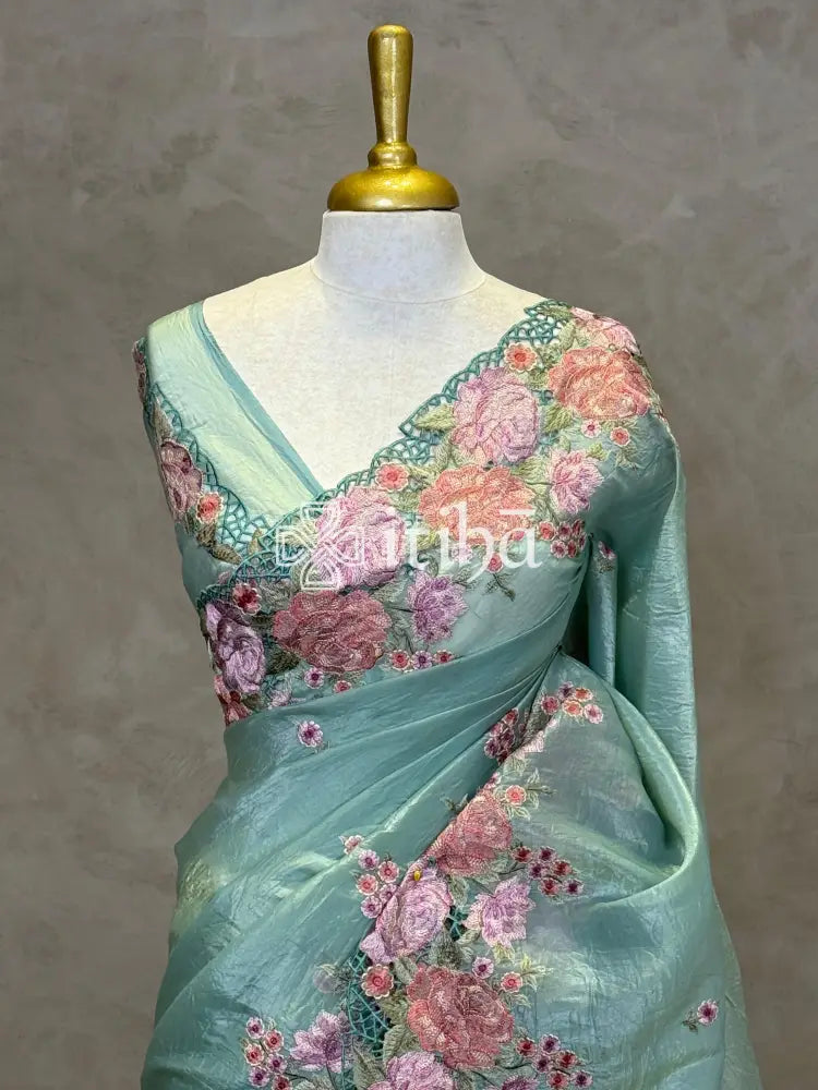 VISCOSE ORGANZA CUTWORK EMBROIDERY SAREE - SAGE GREEN