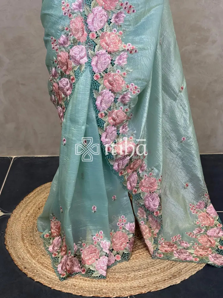 VISCOSE ORGANZA CUTWORK EMBROIDERY SAREE - SAGE GREEN