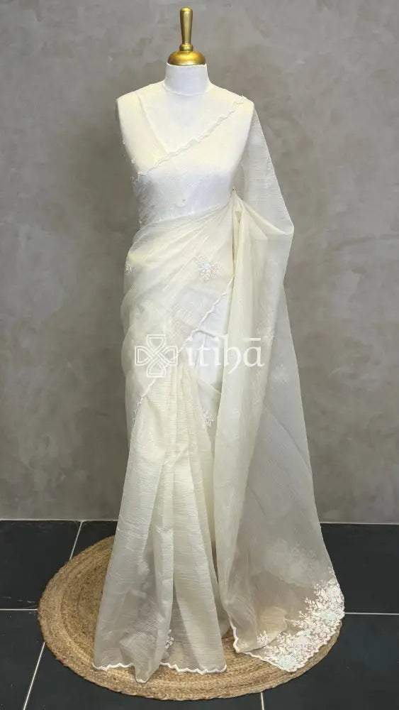 VISCOSE ORGANZA EMBROIDERY DESIGNER SAREE - Beige