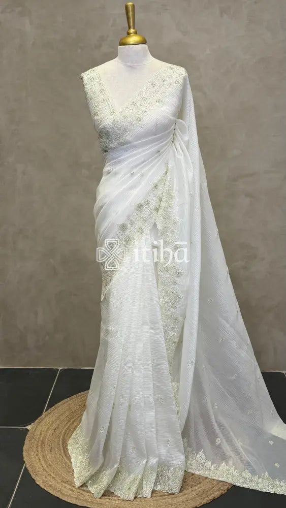 VISCOSE ORGANZA EMBROIDERY SAREE - LIGHT GREEN