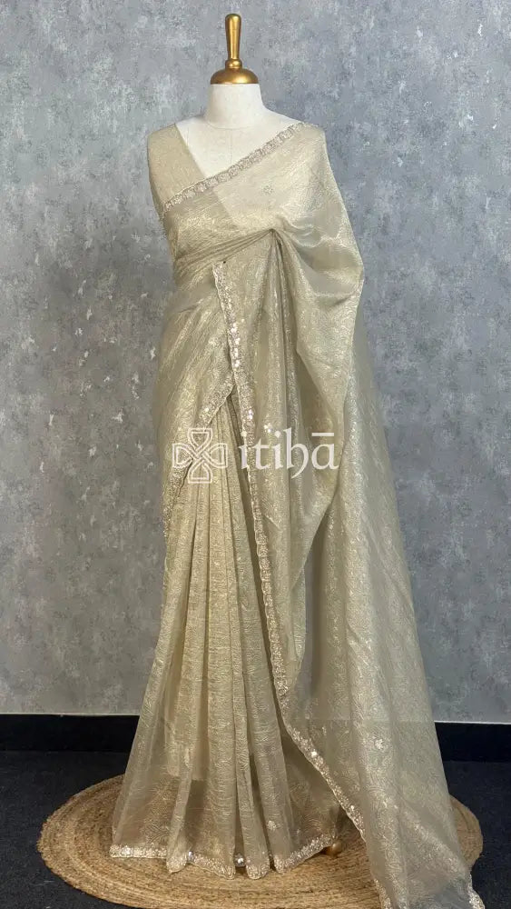VISCOSE ORGANZA HANDWORK DESIGNER SAREE - CHAMPAGNE GOLD