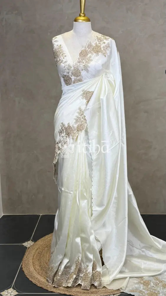 VISCOSE ORGANZAEMBROIDERY SAREE - OFF WHITE