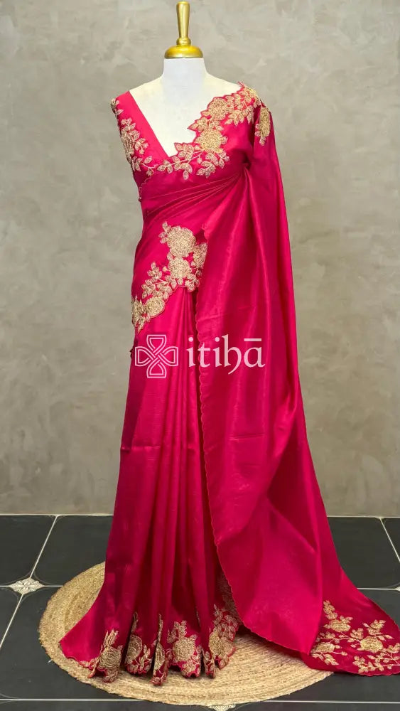 VISCOSE ORGANZAEMBROIDERY SAREE - PINK