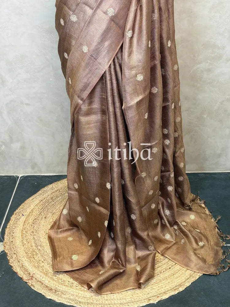 ZARI CHECKS TUSSAR EMBROIDERY SAREE - Brown