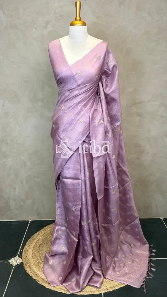 ZARI CHECKS TUSSAR EMBROIDERY SAREE - DUSTY LAVENDER