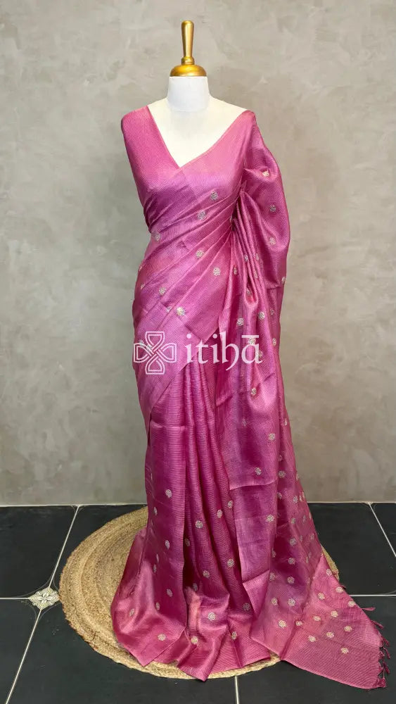 ZARI CHECKS TUSSAR EMBROIDERY SAREE - Pink