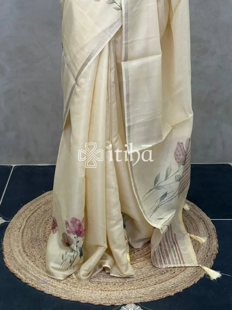 CHANDERI FLORAL PRINTED EMBROIDERY SAREE
