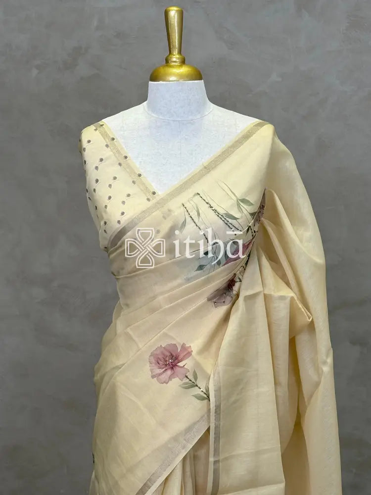 CHANDERI FLORAL PRINTED EMBROIDERY SAREE