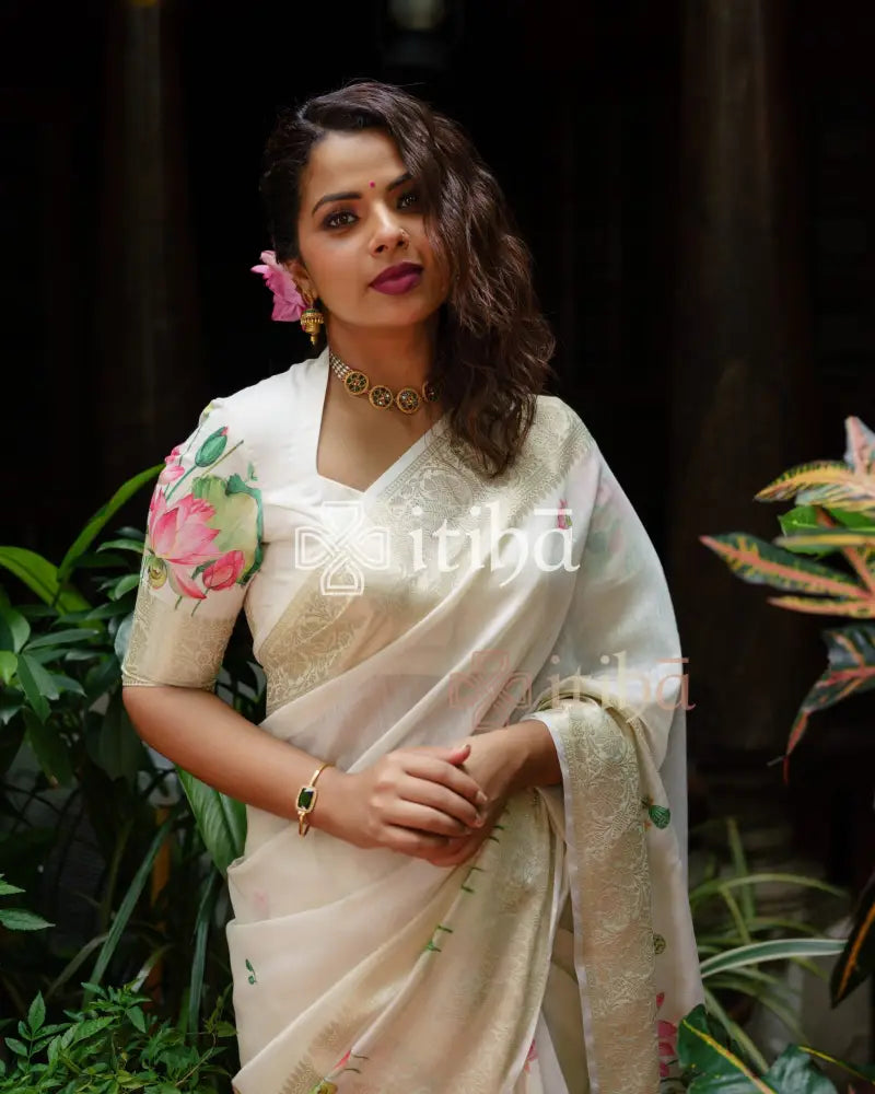 CHANDERI LOTUS PRINT SAREE