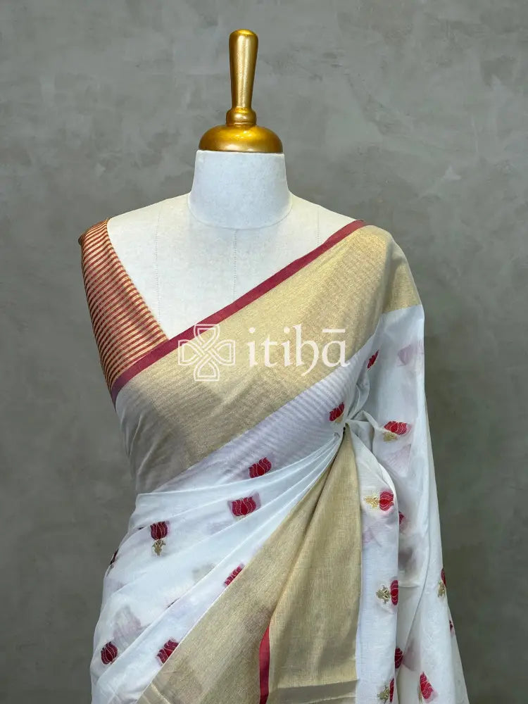 CHANDERI RED LOTUS SAREE