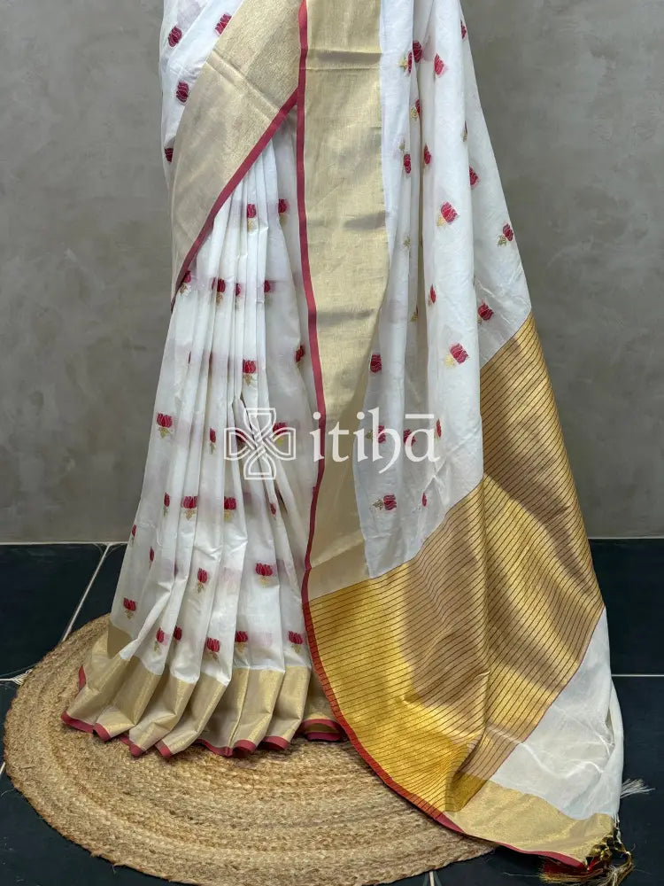 CHANDERI RED LOTUS SAREE