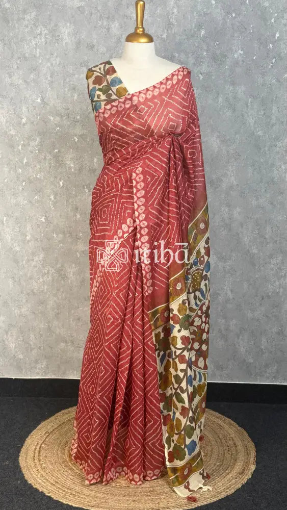 COTTON LINEN SAREE - BRICK RED