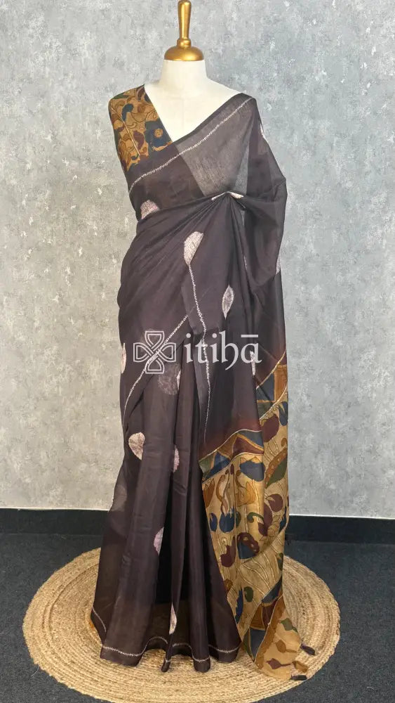 COTTON LINEN SAREE - CHARCOAL BROWN