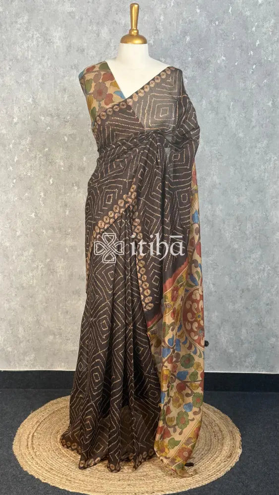 COTTON LINEN SAREE - CHARCOAL BROWN