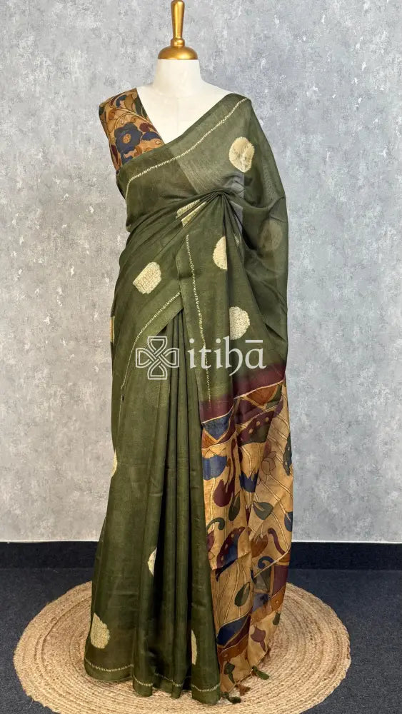 COTTON LINEN SAREE - olive green