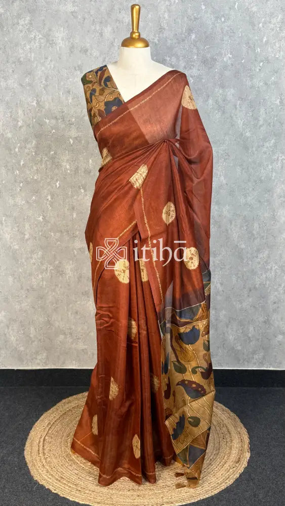 COTTON LINEN SAREE - RUST BROWN