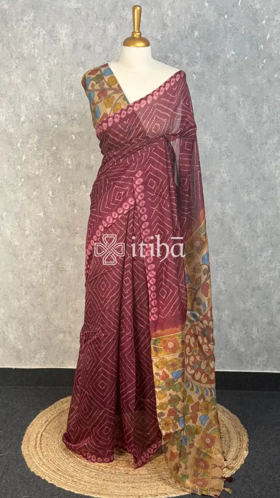 COTTON LINEN SAREE - WINE MAROON